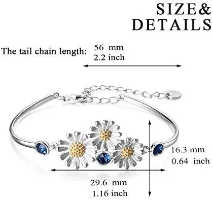 Vista 4 de YAFEINI Pulsera de plata de ley 925 con margaritas y flores para mujer, regalos de joyería, Plata Esterlina