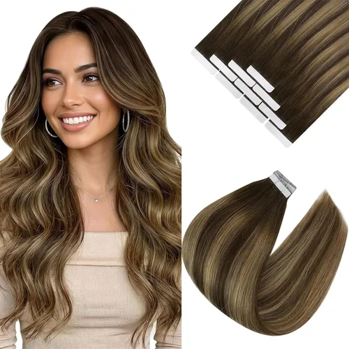 Vista 18 de Ve Sunny Extensiones de cabello humano real con cinta, cabello humano Remy, lacio, doble cara, color marrón oscuro, balayage, rubio dorado oscuro