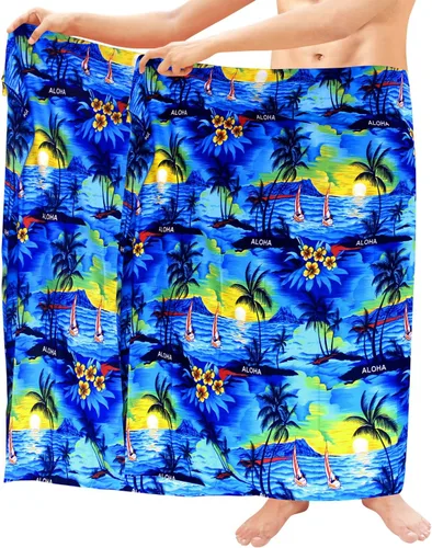 Vista 4 de LA LEELA Pareo de baño hawaiano pareo para hombre Azul