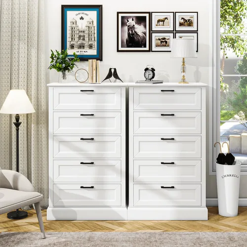 Vista 6 de biukpci Cómoda blanca con 5 cajones, almacenamiento vertical para dormitorio, cómoda alta de madera para pasillo, cómoda alta de madera con cajones