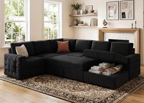 Vista 12 de HONBAY Sofá cama seccional con cama extraíble, sofá seccional en forma de U con diván de almacenamiento, sofá seccional de 6 plazas, terciopelo negro