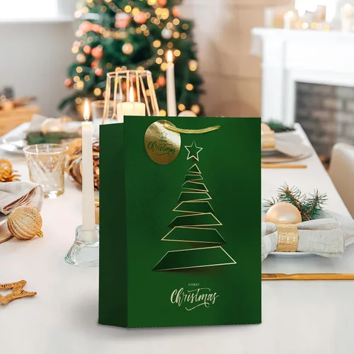 Vista 6 de easykart labels 12 bolsas de regalo de Navidad, rojo y verde metálico y acabado de textura con árbol de Navidad dorado y brillante, varios tamaños