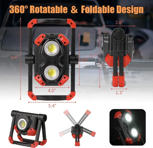 Vista 3 de Luz de trabajo LED recargable, 2 COB 2500LM Luz de inundación portátil plegable con base magnética y soporte de rotación de 360°, focos impermeables