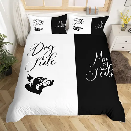 Vista 3 de Erosebridal Juego de funda de edredón con diseño de perro y mi lado, tamaño individual, color blanco y negro, de microfibra, romántico, para el día