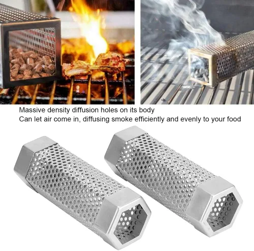 Vista 2 de Tubo de ahumador de pellets, 2 piezas de tubo de ahumador para parrilla de barbacoa, tubo de malla de pellets, caja de humo de 6 pulgadas, tubo