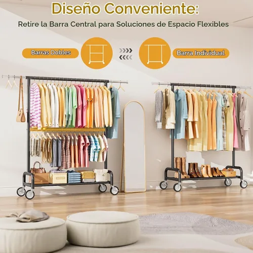 Vista 3 de Perchero de ropa resistente con carga de 860 libras, estantes de ropa rodantes de doble barra para colgar ropa, estante de ropa rodante con estantes