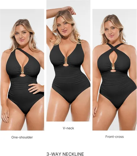 Vista 2 de SHAPELLX Traje de baño de una pieza con cuello en V para mujer, con control de abdomen, con corte fruncido