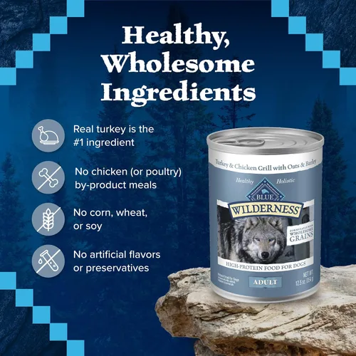 Vista 6 de Blue Buffalo Wilderness - Alimento húmedo natural con alto contenido de proteínas para perros adultos, pavo y pollo con granos integrales, latas