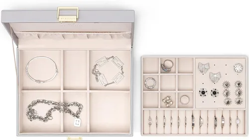 Vista 8 de Vlando - Joyero de 2 capas, joyero organizador grande para mujeres, bandeja de joyería removible para collares, aretes, anillos, pulseras, joyeros
