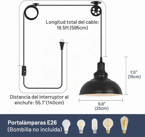 Vista 3 de Lámpara Colgante Industrial Negra Enchufable con Polea con Cable de 19.5 pies con Interruptor de Encendido/Apagado, Moderna Lámpara Colgante