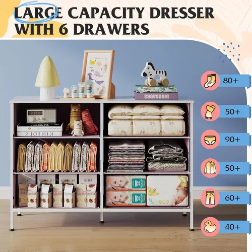 Vista 5 de WLIVE Cómoda de tela rosa para dormitorio, cómoda de 6 cajones, cómoda