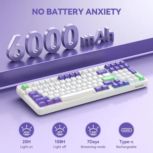 Vista 6 de TECKNET Teclado mecánico para juegos, intercambiable en caliente con interruptores de cielo, triple modo Bluetooth2.4GHzUSB-C, teclado cremoso