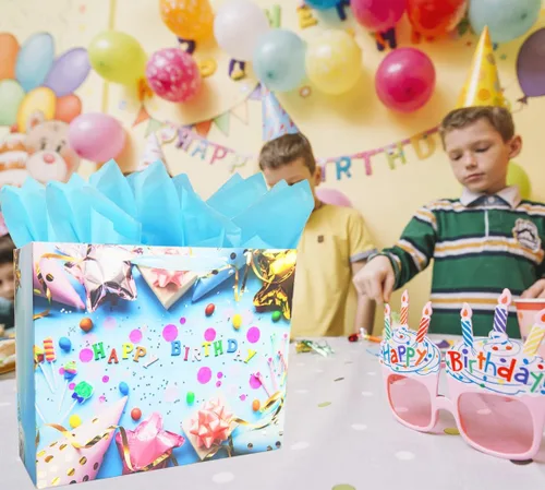 Vista 6 de LivebyCare Bolsas grandes de regalo de cumpleaños de 13 pulgadas con papel de seda y tarjeta, perfectas para bolsas de regalo para bebés, niños