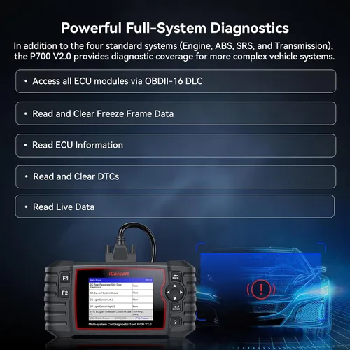 Vista 2 de iCarsoft - P700 V2.0 - Escáner de diagnóstico automático para Porsche con diagnóstico del motor/transmisión/ABS/Airbag, lector de código OBD2