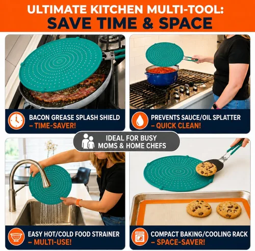Vista 4 de Pantalla contra salpicaduras de silicona para sartén Verde 13" No más salpicaduras de aceite Mango plegable con fundas, resistente al calor