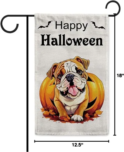 Vista 8 de Bandera de jardín de bulldog de Halloween de 12.5 x 18 pulgadas, vertical, doble cara, calabaza de Feliz Halloween, linda cachorro, decoración