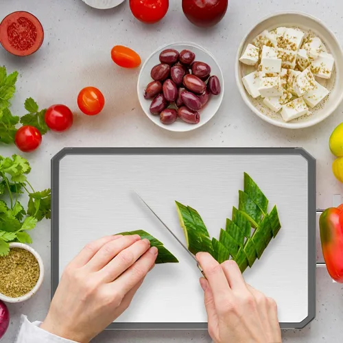 Vista 7 de Tabla de cortar de acero inoxidable, tablas de cortar de doble cara, tablas de cortar grandes para cocina, grado alimenticio, acero inoxidable