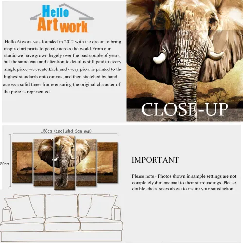 Vista 6 de iHAPPYWALL Lienzo grande de 5 piezas de elefante africano, arte de pared de animales salvajes, paisaje africano, pintura sobre lienzo