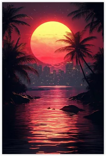 Vista 9 de ZMLIS Futuristic Vaporwave Retro Wall Art – Neon Grid Palm Trees City – Synthwave Style 80s Digital Print Canvas Wall Art Print Poster For Home