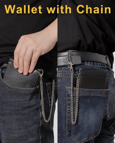 Vista 2 de Cartera de cadena para hombre con bloqueo RFID de cuero genuino plegable, Negro -, Classic