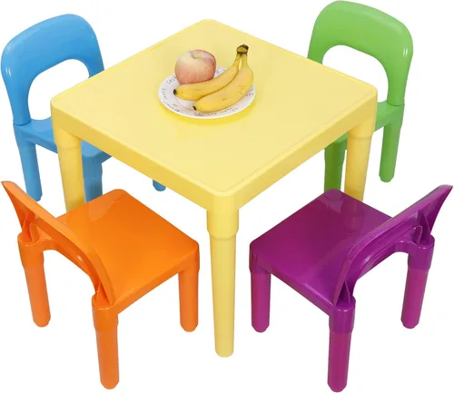Vista 8 de Juego de mesa y 4 sillas para niños, escritorio de plástico resistente para niños pequeños para leer, arte, tareas