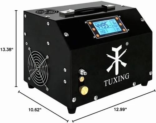 Vista 9 de TUXING Compresor de Aire PCP, Versión con Pantalla LCD, Parada Automática 4500Psi/30Mpa, Sin Aceite/Agua, Bomba con Transformador/Sistema de Drenaje