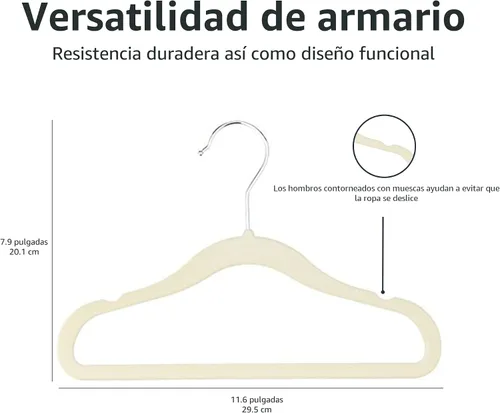 Vista 5 de Amazon Basics Perchas de terciopelo antideslizantes para niños que ahorran espacio con muescas para el hombro, construcción resistente para Beige