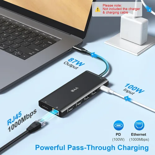 Vista 5 de Estación de acoplamiento USB C de monitor dual para laptop Dell/Lenovo/HP; estación de acoplamiento HDMI; hub USB C; adaptador multipuerto dongle