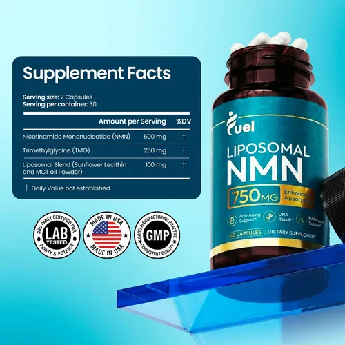 Vista 3 de NMN liposomal de 750 mg por porción (500 mg NMN + 250 mg de TMG) – Suplemento de mononucleótido de nicotinamida de absorción mejorada – Soporte