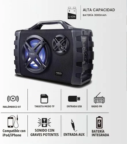 Vista 3 de NEM Mobi7e Altavoz estéreo portátil inalámbrico Bluetooth de alto rendimiento con graves extra, grabación USB, batería recargable, entrada de Negro