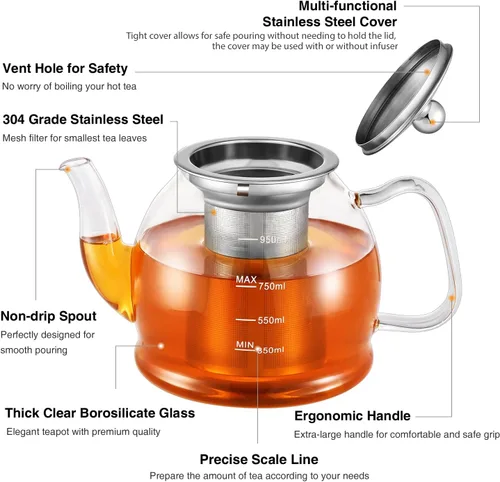 Vista 2 de Tetera de vidrio, tetera de 33 onzas / 33.8 fl oz con infusor extraíble, tetera transparente para té de hojas sueltas y té floreciente, hervidor