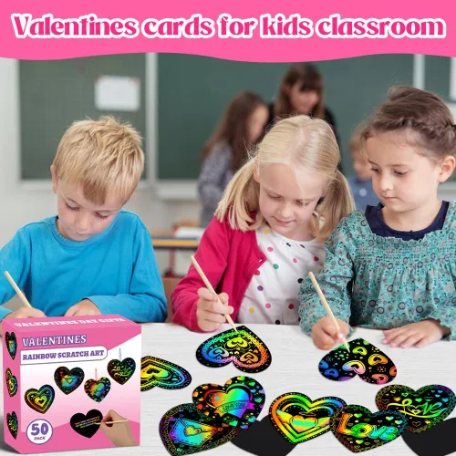 Vista 9 de MDCGFOD Paquete de 50 regalos para el día de San Valentín para niños, cuna de corazón para arañar arco iris, manualidades de San Valentín para 50