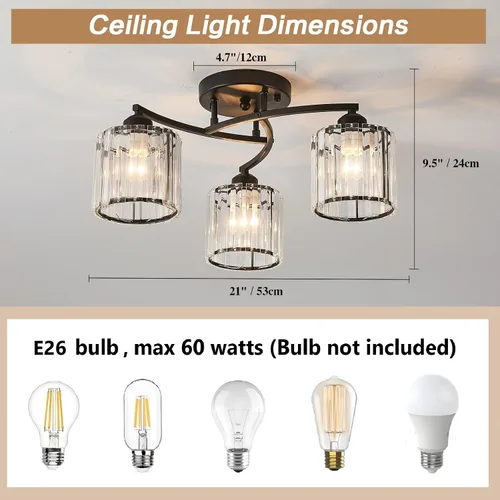 Vista 3 de Candelabro de cristal negro, lámpara de techo de 3 luces, accesorio de iluminación moderno para sala de estar, comedor, dormitorio