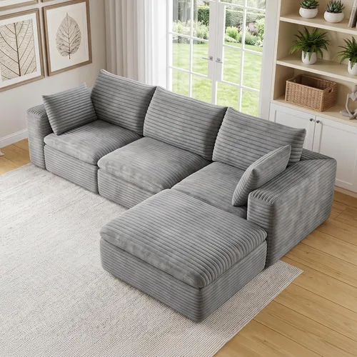 Vista 59 de 118" Cloud Couch Oversized Modular Sectional Sofa, Boneless L-Shaped 6 Seater Deep Seat Couch with Ottoman, Soft Corduroy Upholstery, DIY Negro