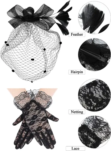 Vista 5 de SATINIOR Sombrero de tocado para mujer, sombrero de pastillero, velo negro, sombrero funerario, sombrero de fiesta de té y guantes de encaje