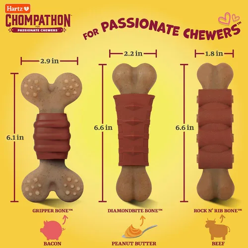 Vista 7 de Hartz Chompathon Diamondbite - Juguete masticable para perros masticadores agresivos, doble capa con sabor a pollo y mantequilla de maní