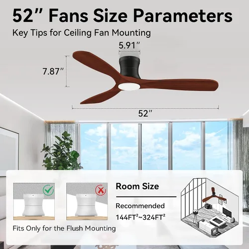 Vista 5 de Ventiladores de techo inteligentes de perfil bajo de 52 pulgadas con luces y control remoto, 3 aspas de madera, motor de CC silencioso, ventilador