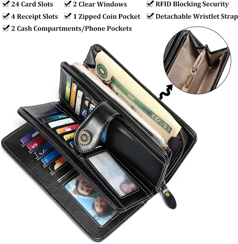 Vista 4 de FALAN MULE Cartera de cuero genuino RFID bloqueo gran capacidad Trifold señoras cartera.