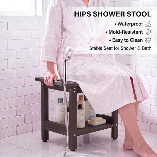 Vista 5 de HDPS - Banco de ducha impermeable para silla de ducha con estante de almacenamiento, color café
