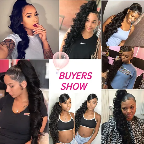 Vista 3 de KRSI Extensión de cola de caballo larga y ondulada con cordón, 28 pulgadas, 1B#, para mujeres, clip de cabello negro, cabello sintético, extensión