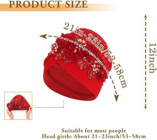 Vista 2 de Bohend Gorro de turbante con diamantes de imitación de flor africana, gorro musulmán preatado, gorro de lentejuelas para la cabeza, pañuelo elástico