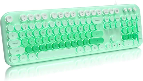 Vista 15 de Atelus Teclado USB con cable con retroiluminación de 7 colores, teclado de tamaño completo con teclas retro, teclado numérico y tecla de acceso