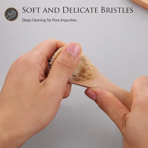 Vista 5 de Paquete de 2 mini cepillo seco, cepillo de cerdas naturales para cuerpo pequeño, cepillo exfoliante de limpieza facial para piel suave y otras áreas