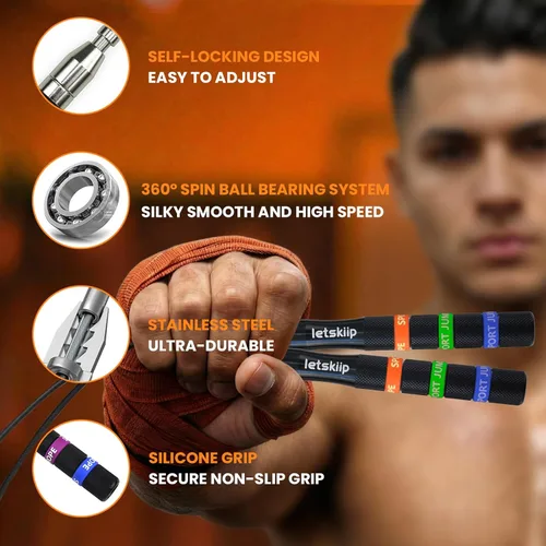 Vista 3 de Cuerda de saltar de velocidad para CrossFit y boxeo, cuerda de saltar ajustable y autobloqueante segura para hombres y mujeres, asas de aluminio
