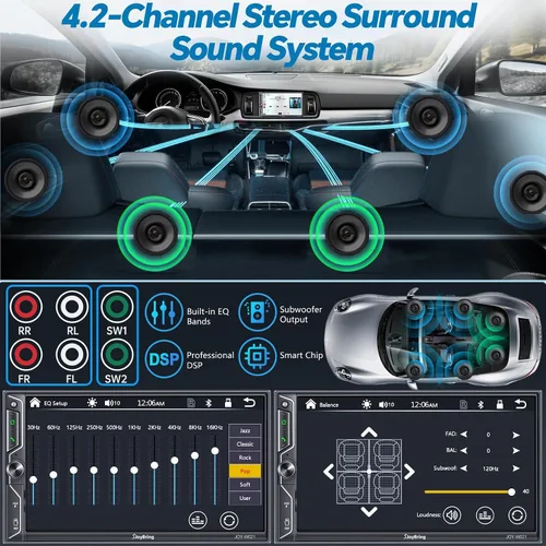 Vista 3 de Estéreo de Coche QLED de Doble Din con Apple CarPlay Inalámbrico y Android Auto, Audio de 4.2 Canales con 2 Salidas de Subwoofer, Cámara