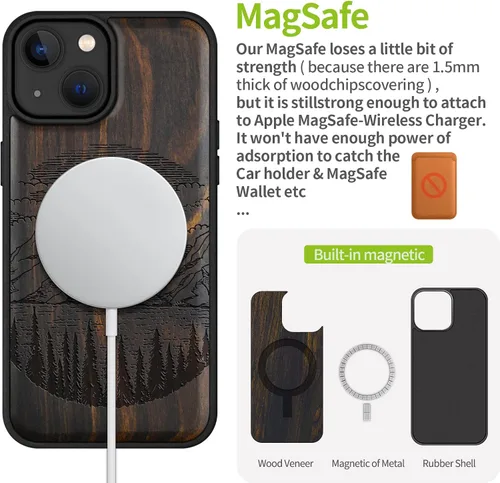 Vista 5 de Carveit Funda magnética de madera para iPhone 14 [madera natural y TPU suave negro] Funda protectora de madera única y elegante a prueba de golpes