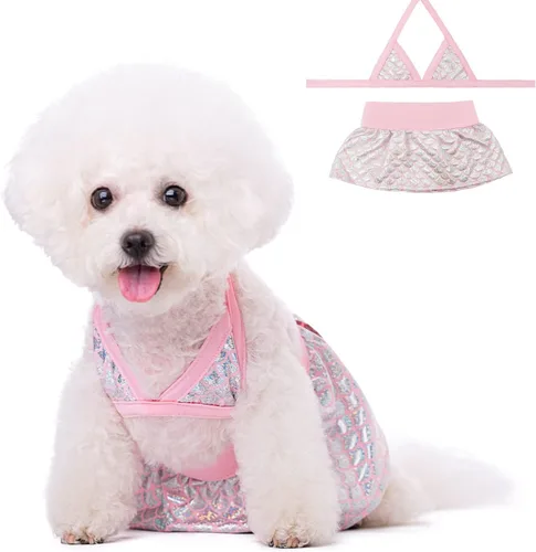 Vista 19 de Bikini para perro, traje de baño de verano para cachorros, ropa de playa, disfraz de gato para cachorro, perro gato (XS, lunares azules)