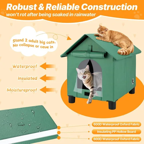 Vista 4 de FHTONGE Casa elevada para gatos con calefacción para gatos al aire libre en invierno, resistente a la intemperie, refugio para gatos con 2