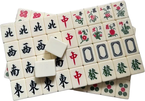 Vista 7 de THY COLLECTIBLES Juego de mahjong chino tradicional 144 + 2 azulejos de colores de repuesto (marfil)