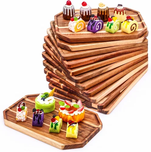 Vista 9 de Dandat Paquete de 12 platos de madera de acacia para servir de 10 x 5.5 pulgadas, bandeja rústica rectangular para charcutería, plato de queso